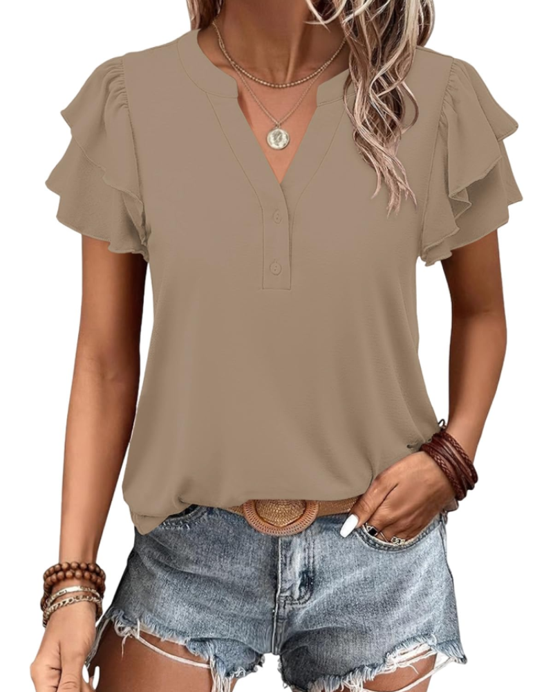 T-shirt Adele Mulher Verão – Decote em V Mangas Curtas Assimétricas