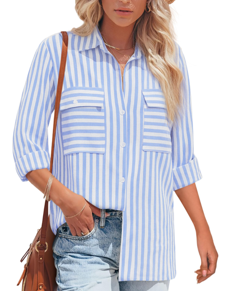 Blusa Mila Donna – Cotone a Righe, Collo a V con Bottoni, Maniche Lunghe