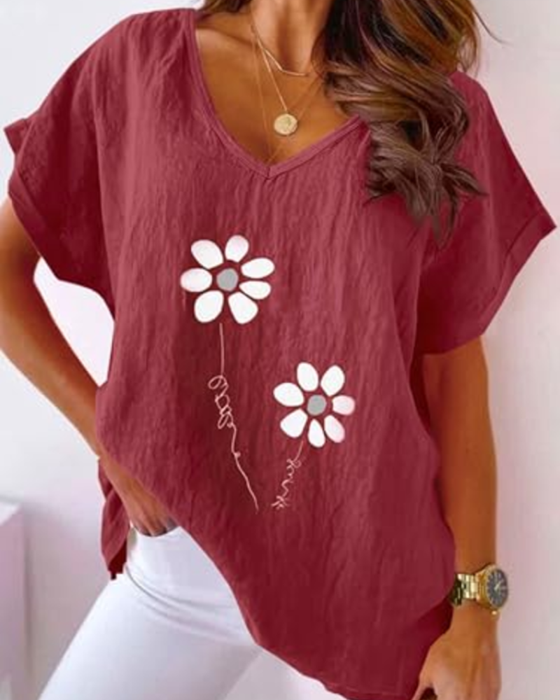Γυναικείο T-Shirt Daisy Καλοκαίρι – Ζωντανό Ροζ V Λαιμόκοψη με Εκτύπωση Μαργαρίτες
