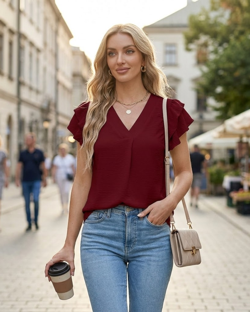 Camille Blouse Femme – Haut Col Montant Volants Élégant Manches Courtes Chic Été
