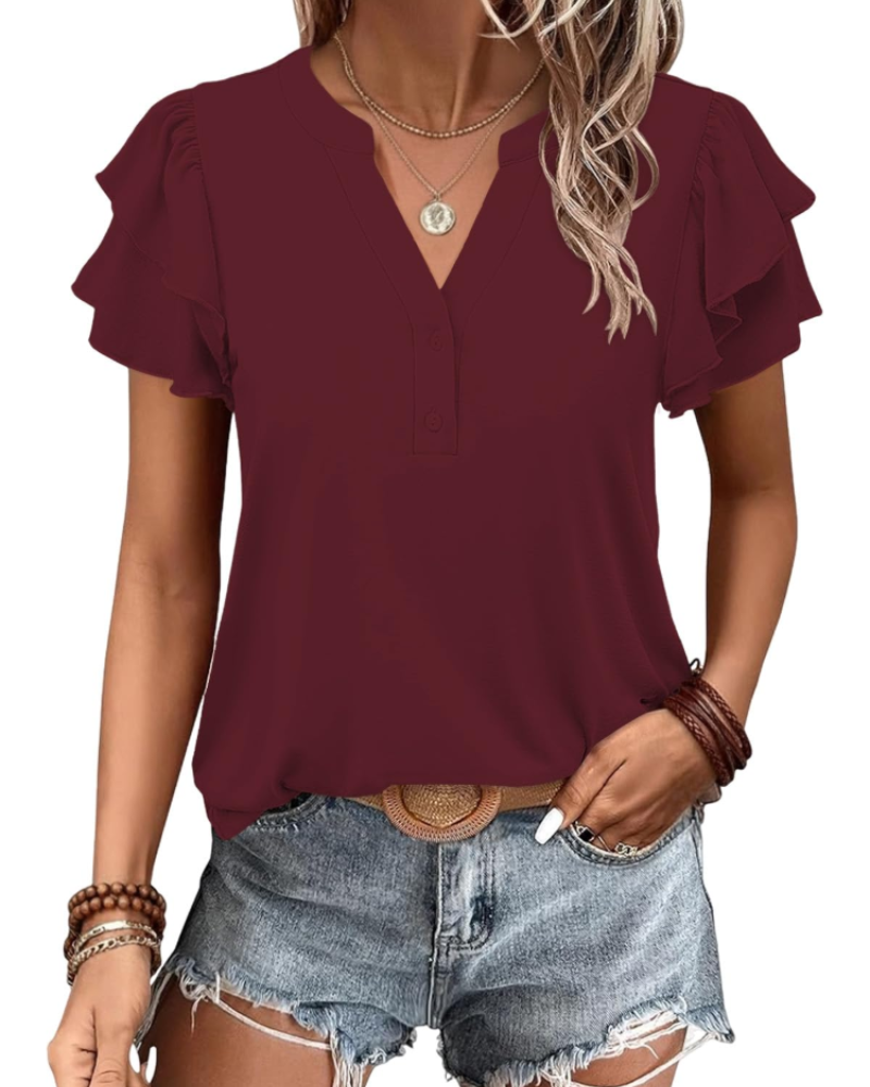 T-shirt Adele Mulher Verão – Decote em V Mangas Curtas Assimétricas