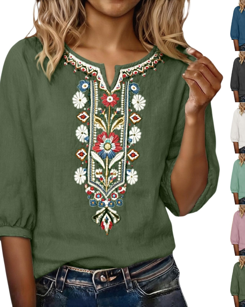 Blusa Sarah Mulher Verão – Linho Algodão Bordado Floral Decote em V