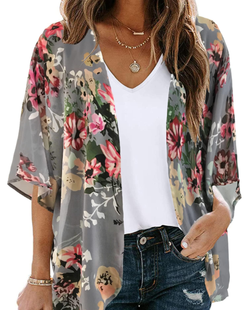 Bianca Kimono Kvinde Boheme – Let Blomstret Vest i Mousseline med 3/4-Ærmer