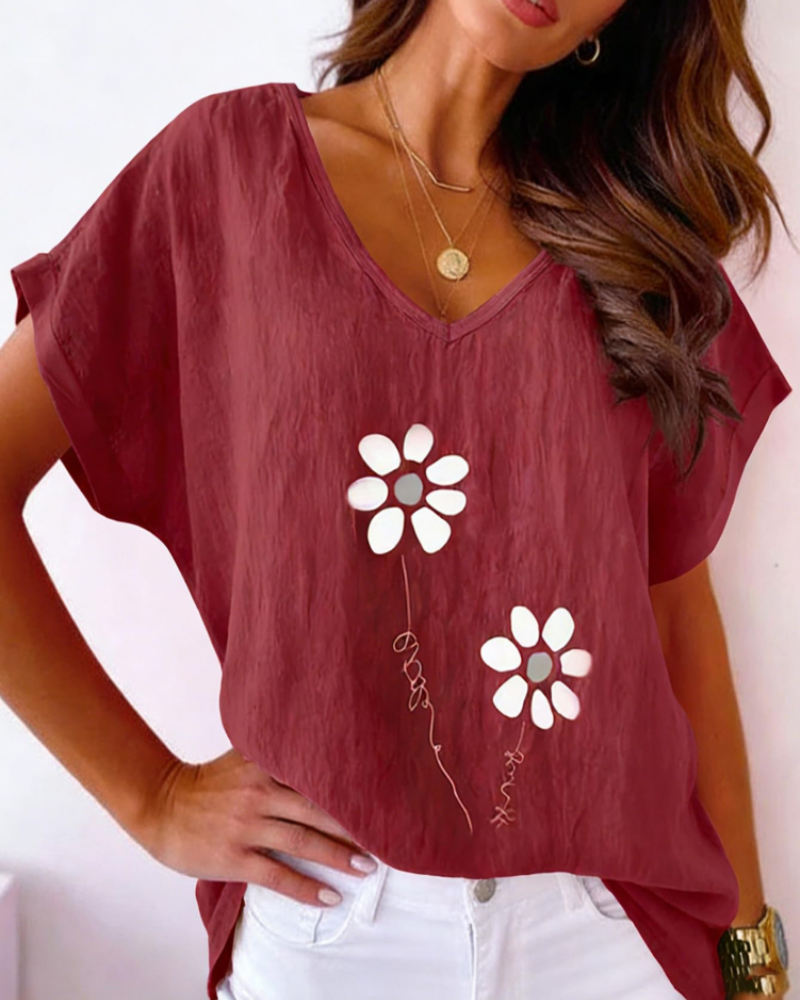 Γυναικείο T-Shirt Daisy Καλοκαίρι – Ζωντανό Ροζ V Λαιμόκοψη με Εκτύπωση Μαργαρίτες