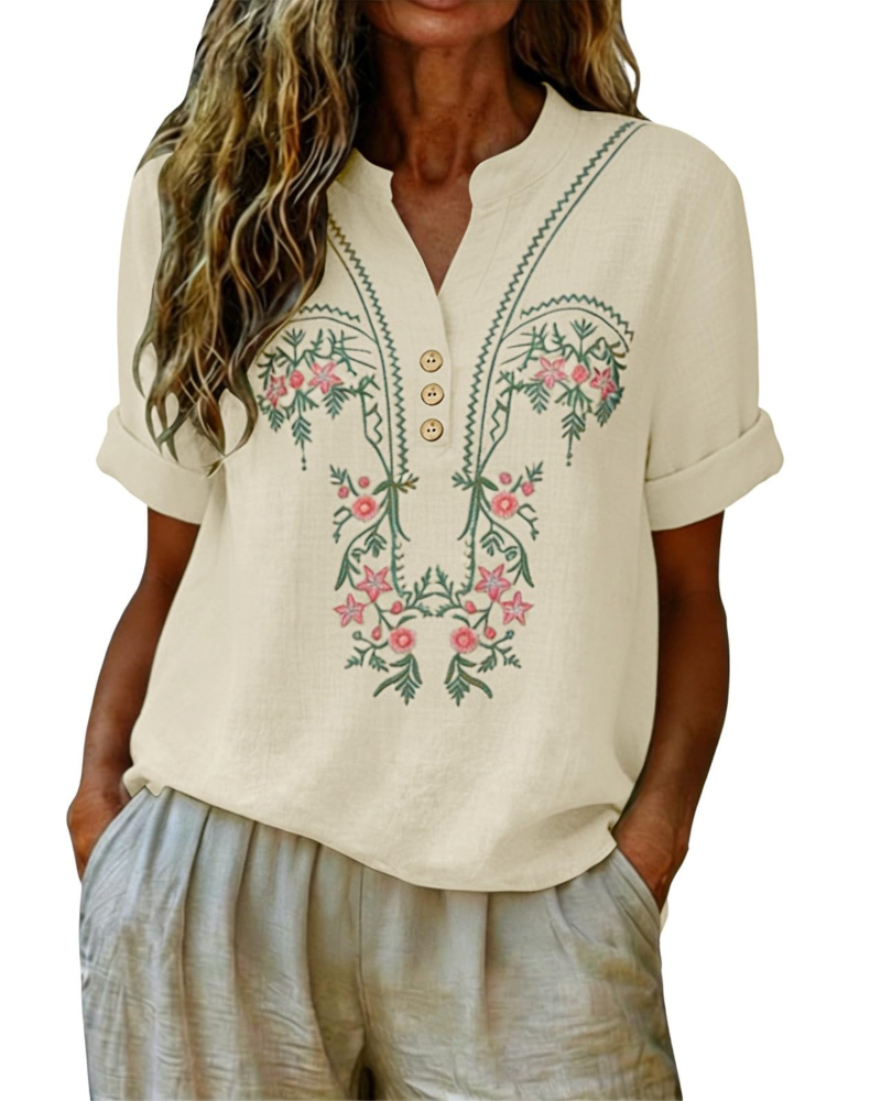 Dallie Damenbluse Sommer – Leinen mit floraler Stickerei, V-Ausschnitt, Knopfleiste