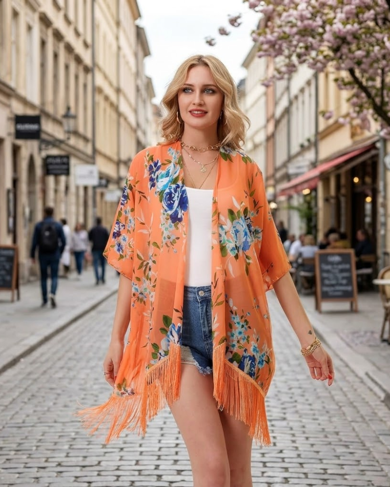 Maya strandkimono dames – lichte chiffon kimono met luipaardprint, bikini cover-up