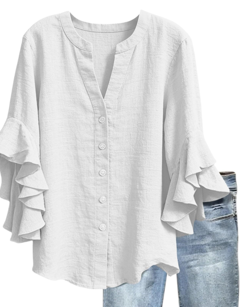Blusa Megan Donna – Scollo a V Maniche 3/4 con Volant Stampata
