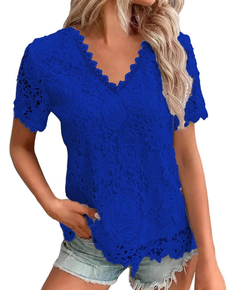 Sophie Bluse Damen Sommer – Spitzen Rundhalsausschnitt Volantärmel