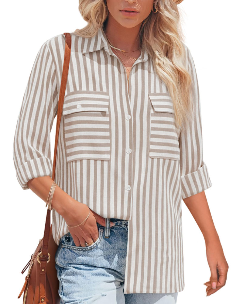 Blusa Mila Donna – Cotone a Righe, Collo a V con Bottoni, Maniche Lunghe