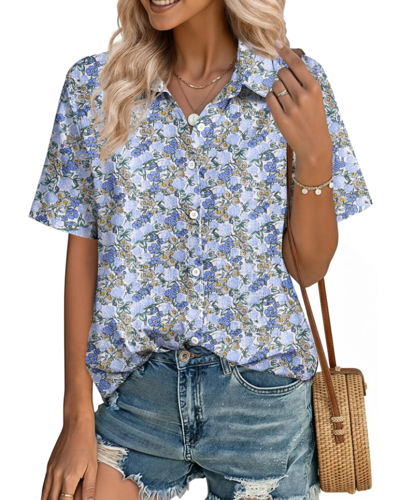 Phia Chemisier Femme en Coton-Lin – Blouse Col V Boutonnée à Manches Courtes d’Été