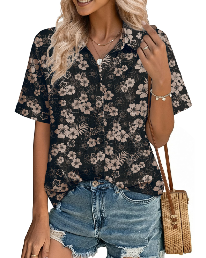 Phia Chemisier Femme en Coton-Lin – Blouse Col V Boutonnée à Manches Courtes d’Été