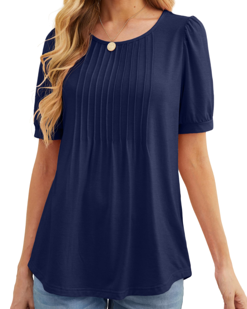 Lena T-Shirt Femme Été – Floral Col Rond Plissé Manches Courtes