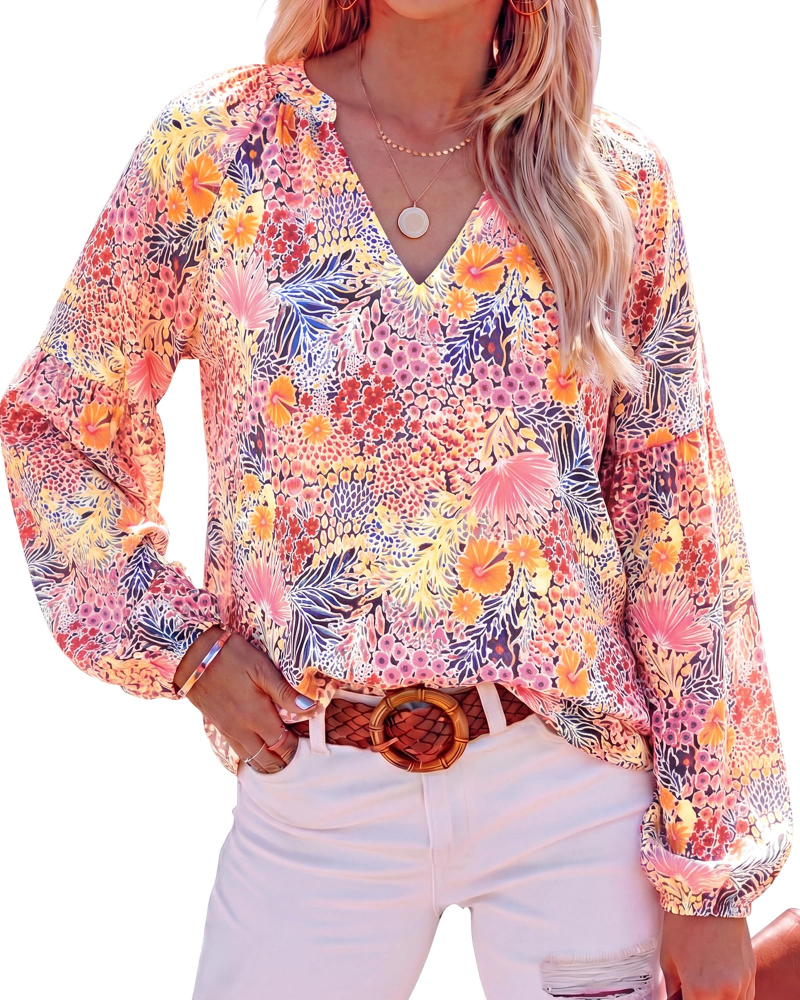 Blusa Paisley Mujer Floral – Blusa Bohemia con Cuello en V y Mangas Largas de Gasa
