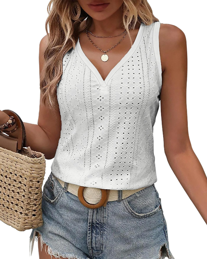 Claire Dames Topje met Borduursel – Mouwloos V-hals Elegant Geperforeerd voor de Zomer