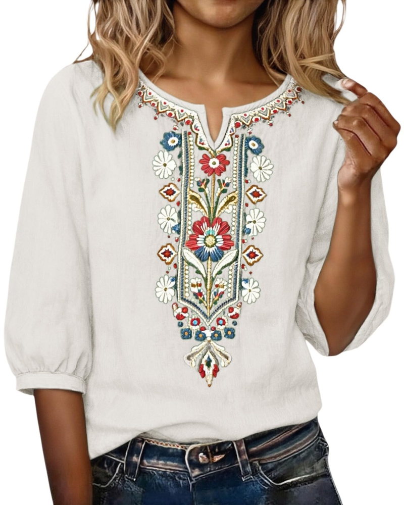 Blusa Sarah Mulher Verão – Linho Algodão Bordado Floral Decote em V