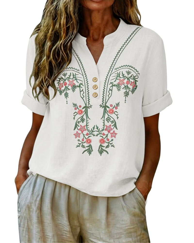Dallie Damenbluse Sommer – Leinen mit floraler Stickerei, V-Ausschnitt, Knopfleiste