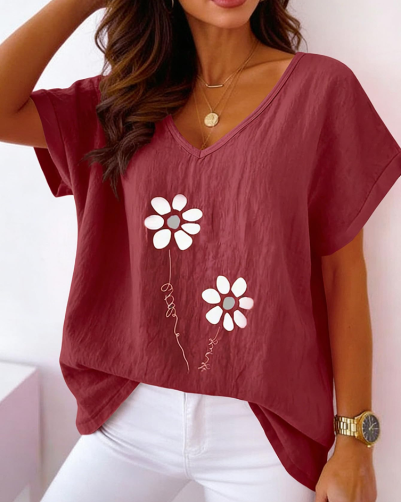 Γυναικείο T-Shirt Daisy Καλοκαίρι – Ζωντανό Ροζ V Λαιμόκοψη με Εκτύπωση Μαργαρίτες