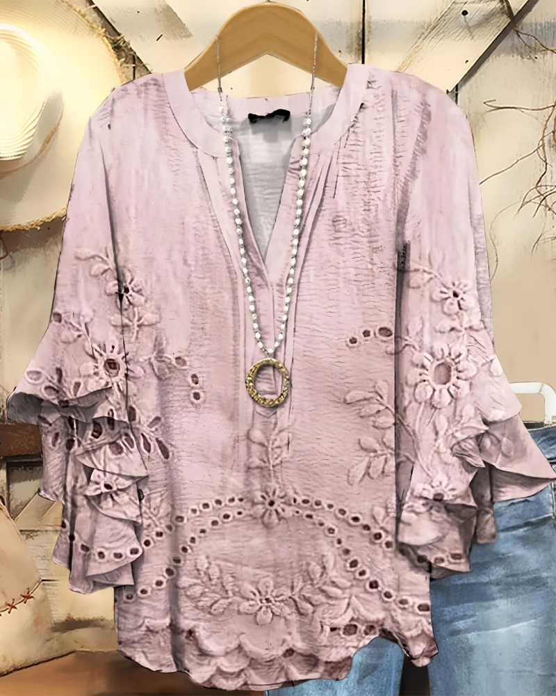 Blusa Megan Donna – Scollo a V Maniche 3/4 con Volant Stampata