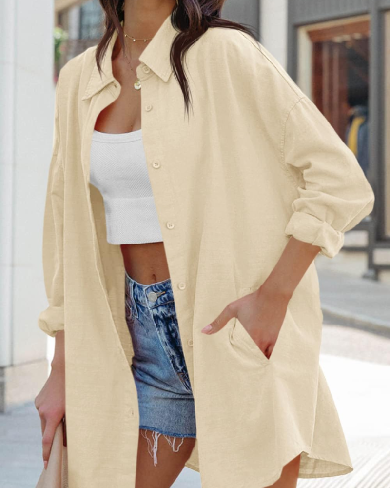 Blusa Ella Donna – Oversize con Bottoni, Maniche Lunghe e Tasche