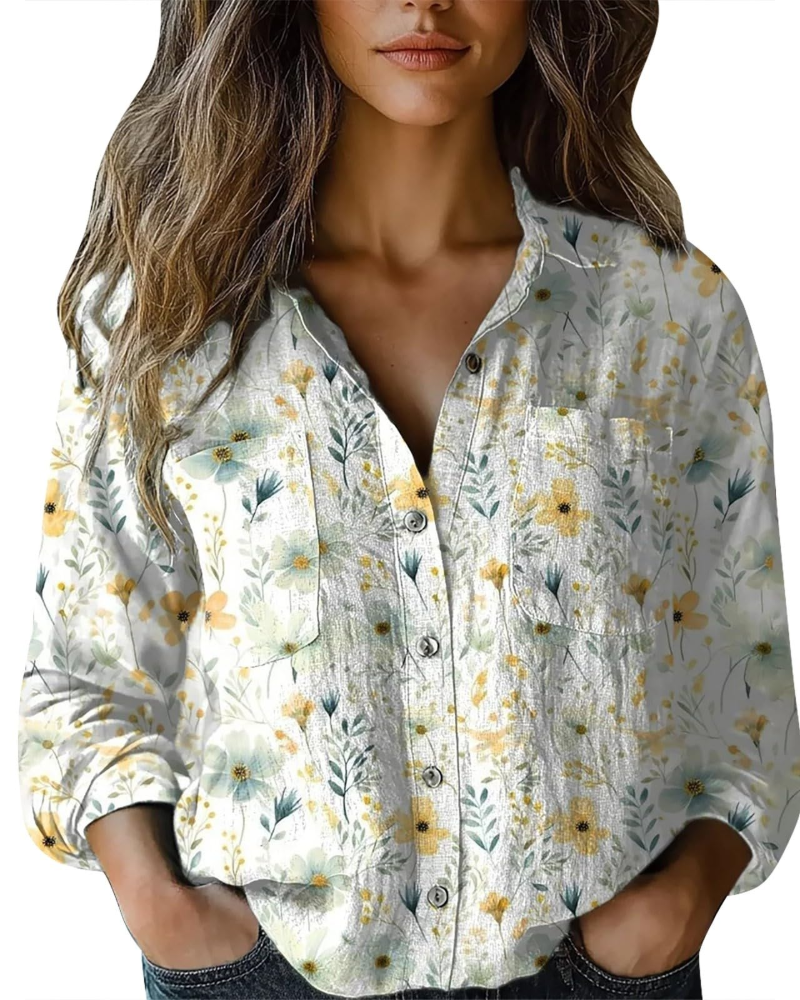Amelia Bluse til kvinder sommer – blomsterprintet hør med V-hals, knapper og lange ærmer