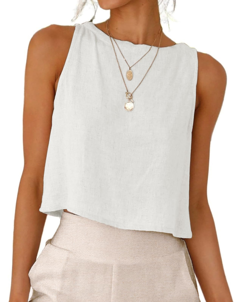 Top Sienna para Mulher em Linho – Blusa Curta Sem Mangas com Botões Elegantes nas Costas