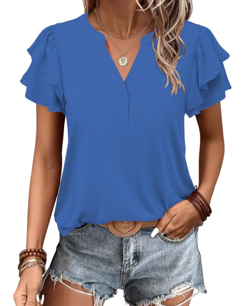 T-shirt Adele Mulher Verão – Decote em V Mangas Curtas Assimétricas