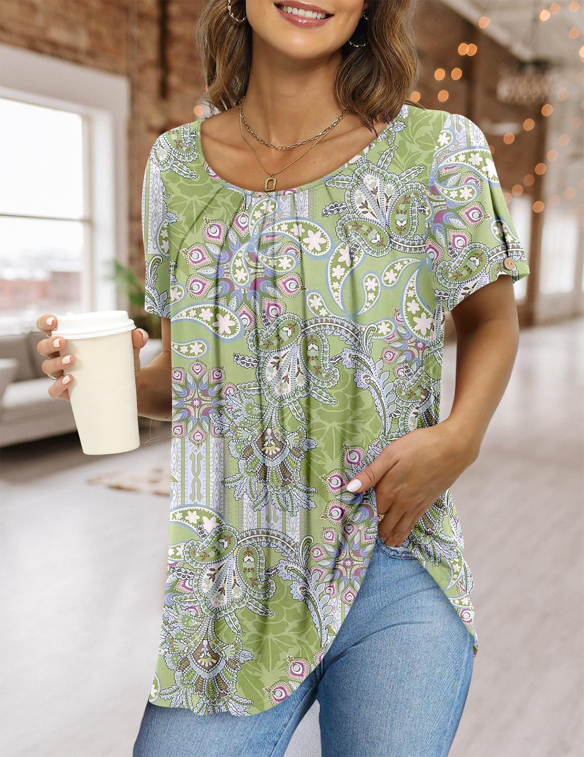 Fairy Chemisier Femme Décontracté – Blouse Fluide Col Rond à Manches Courtes