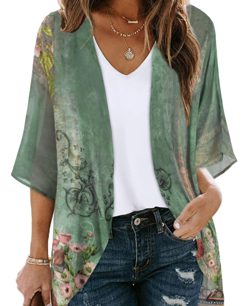 Bianca Kimono Kvinde Boheme – Let Blomstret Vest i Mousseline med 3/4-Ærmer
