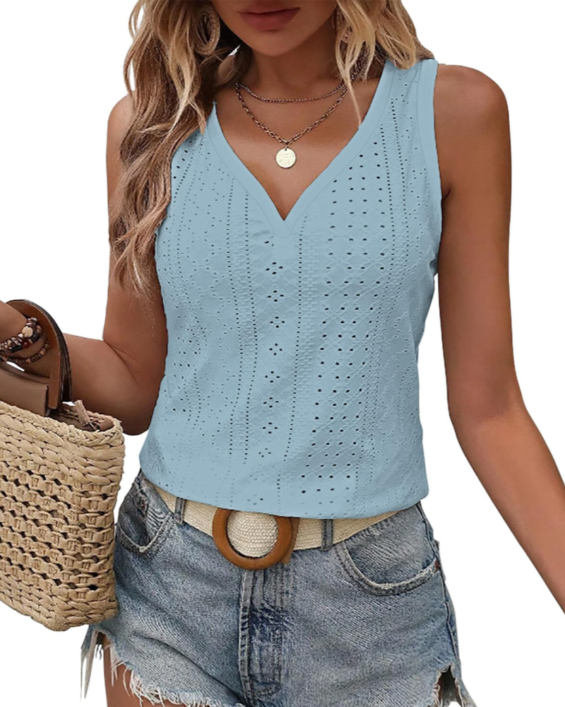Claire Dames Topje met Borduursel – Mouwloos V-hals Elegant Geperforeerd voor de Zomer