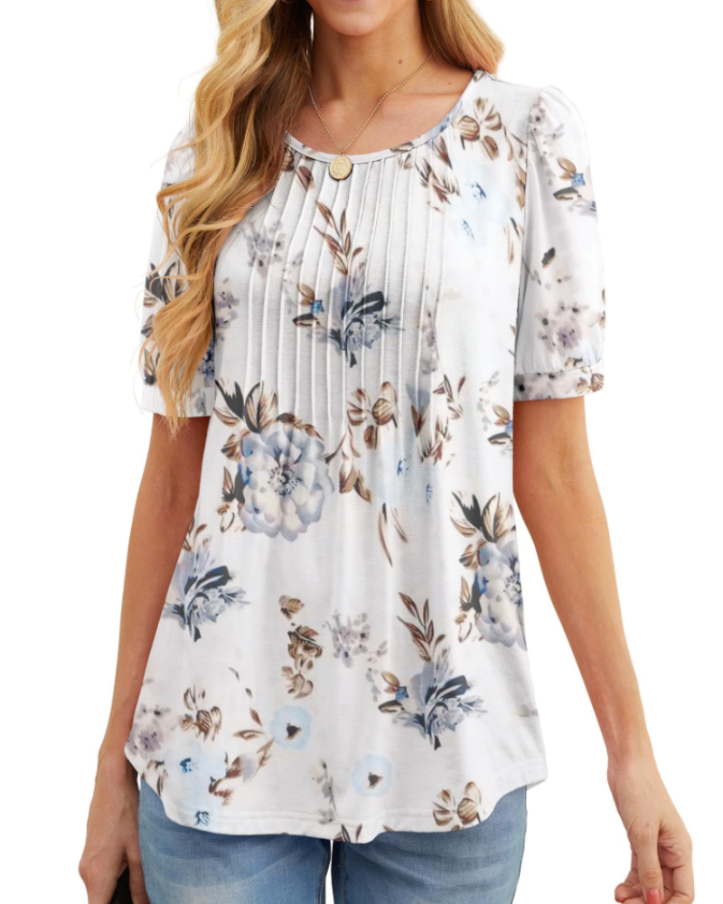 Lena T-Shirt Femme Été – Floral Col Rond Plissé Manches Courtes