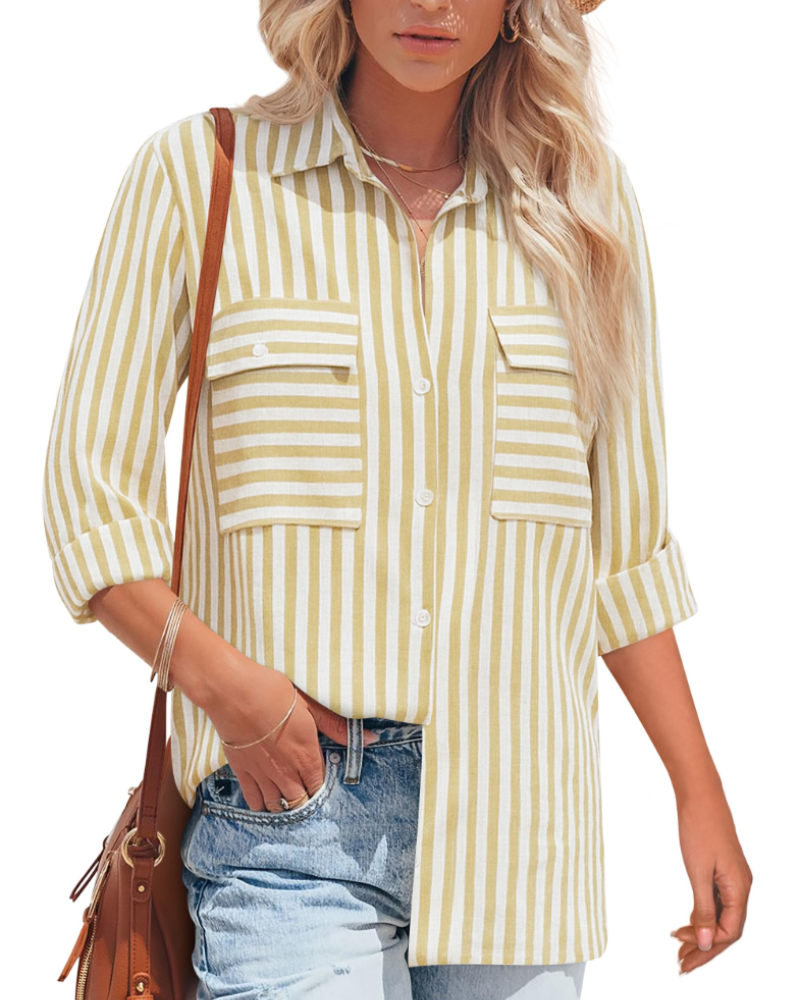 Blusa Mila Donna – Cotone a Righe, Collo a V con Bottoni, Maniche Lunghe