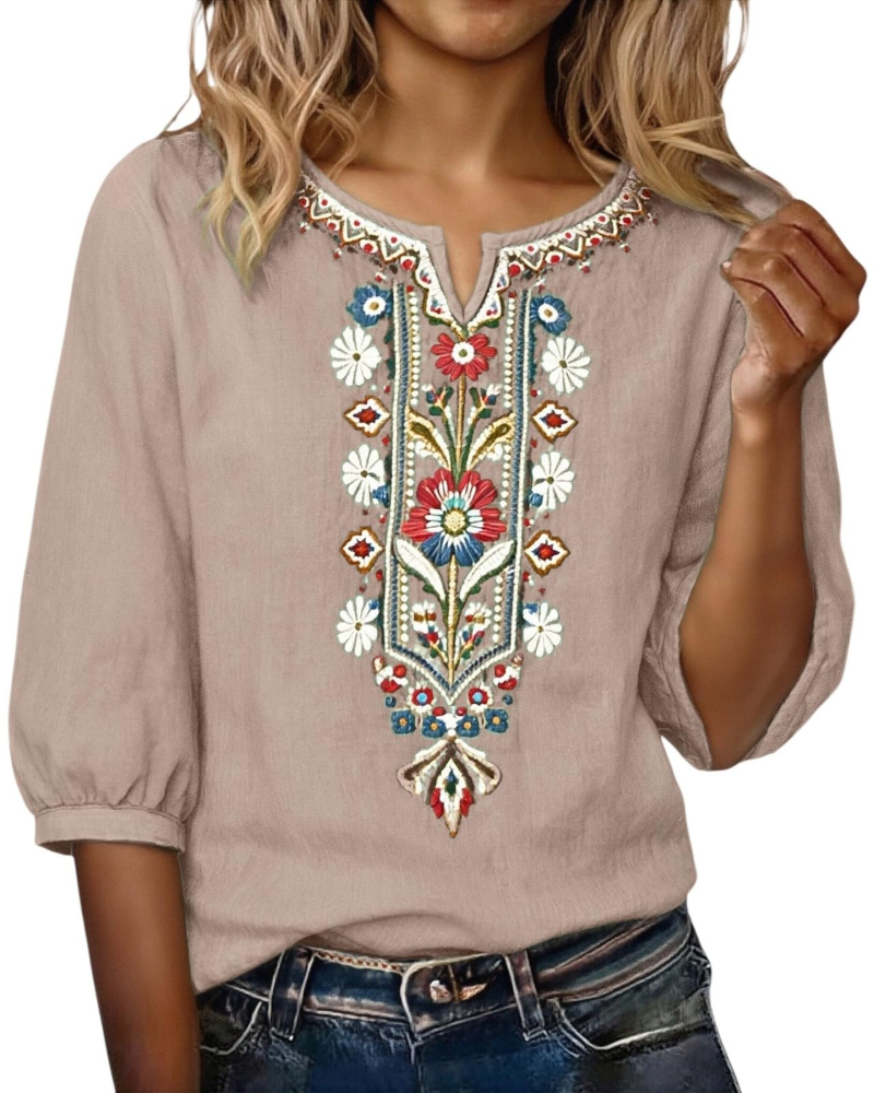 Blusa Sarah Mulher Verão – Linho Algodão Bordado Floral Decote em V