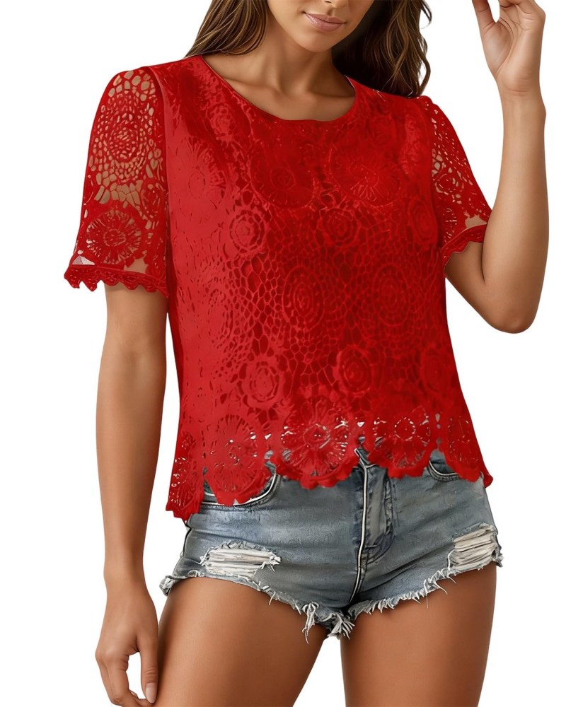 Sophie Bluse Damen Sommer – Spitzen Rundhalsausschnitt Volantärmel