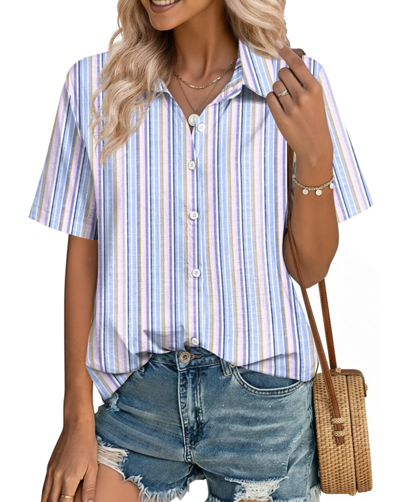 Phia Chemisier Femme en Coton-Lin – Blouse Col V Boutonnée à Manches Courtes d’Été