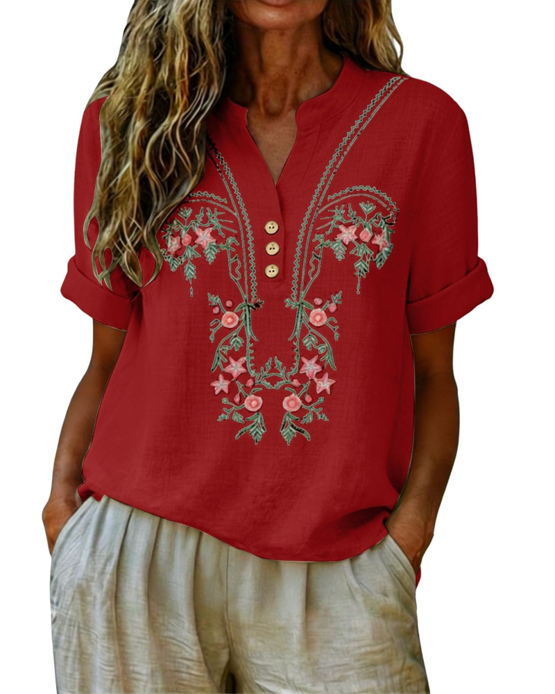 Dallie Damenbluse Sommer – Leinen mit floraler Stickerei, V-Ausschnitt, Knopfleiste