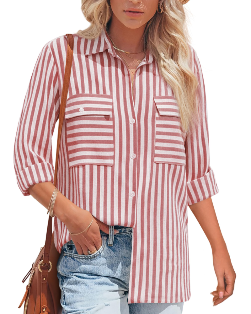 Blusa Mila Donna – Cotone a Righe, Collo a V con Bottoni, Maniche Lunghe