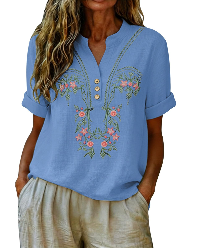 Dallie Damenbluse Sommer – Leinen mit floraler Stickerei, V-Ausschnitt, Knopfleiste