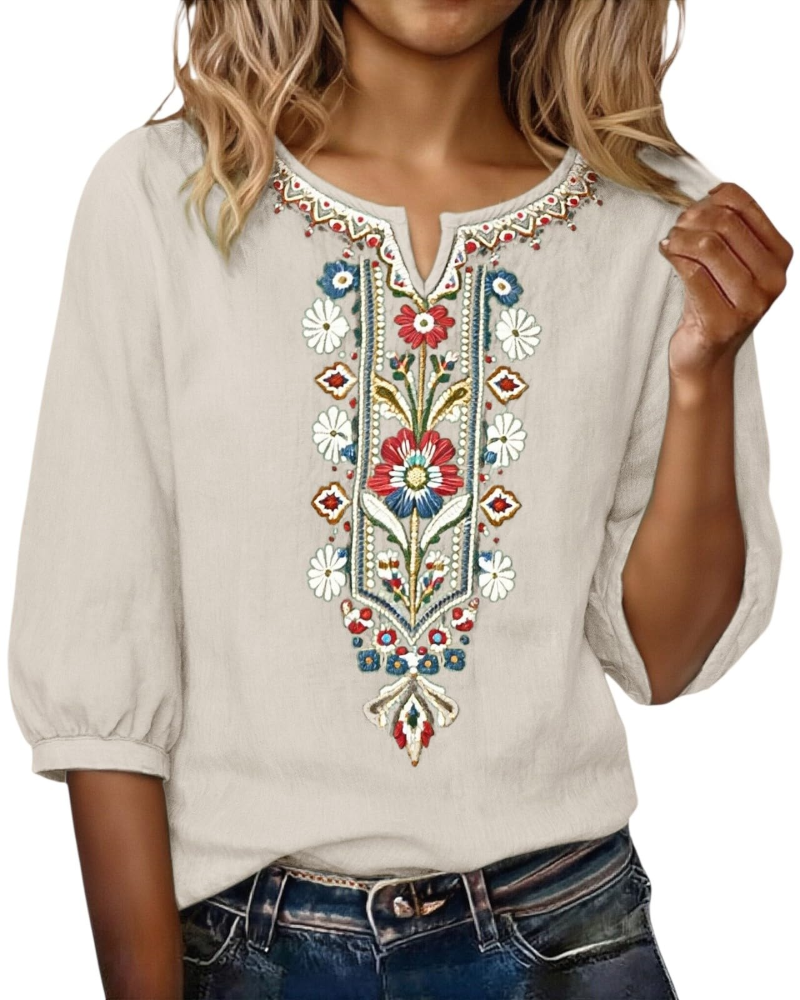 Blusa Sarah Mulher Verão – Linho Algodão Bordado Floral Decote em V