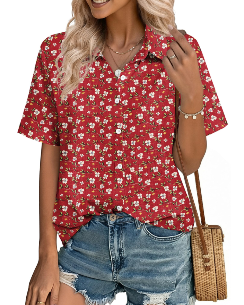 Phia Chemisier Femme en Coton-Lin – Blouse Col V Boutonnée à Manches Courtes d’Été
