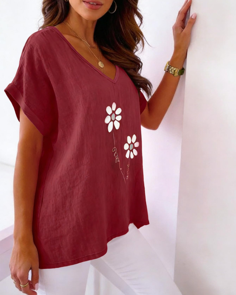 Γυναικείο T-Shirt Daisy Καλοκαίρι – Ζωντανό Ροζ V Λαιμόκοψη με Εκτύπωση Μαργαρίτες