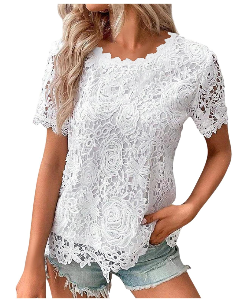 Sophie Bluse Damen Sommer – Spitzen Rundhalsausschnitt Volantärmel