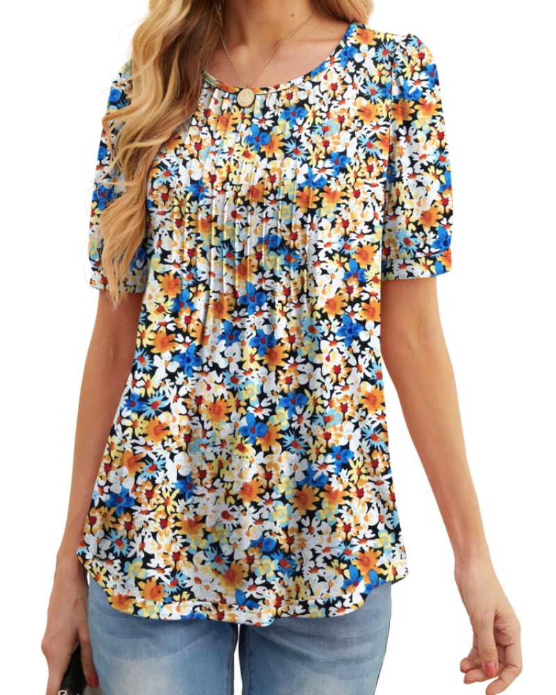 Lena T-Shirt Femme Été – Floral Col Rond Plissé Manches Courtes