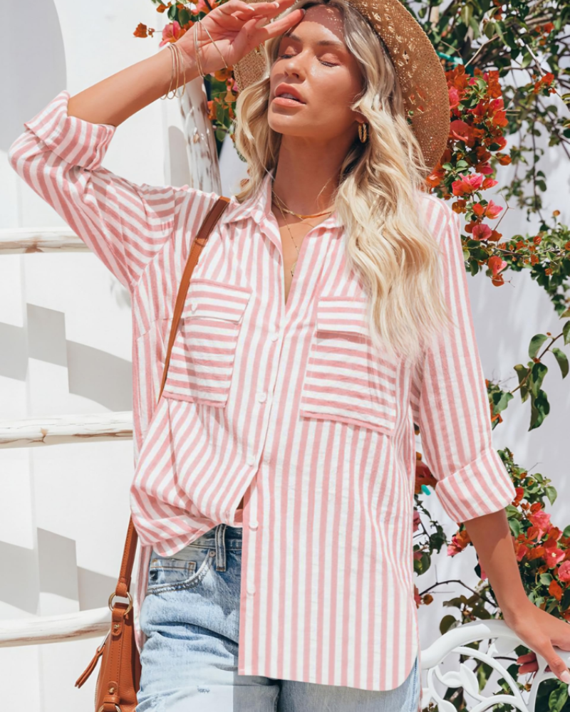 Blusa Mila Donna – Cotone a Righe, Collo a V con Bottoni, Maniche Lunghe