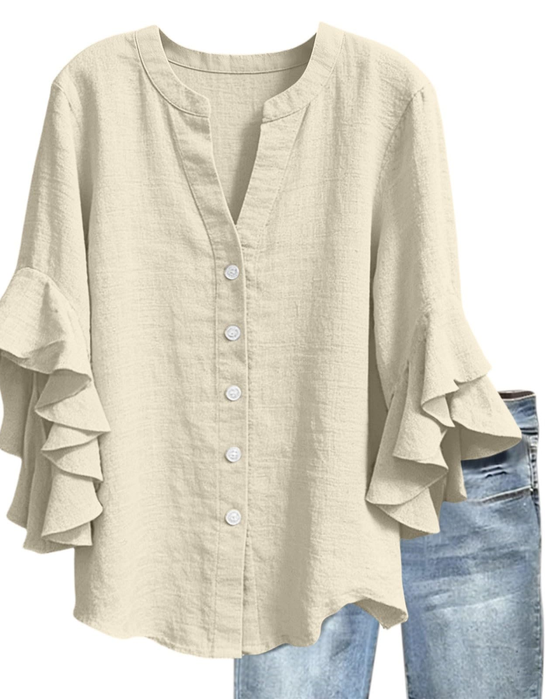 Blusa Megan Donna – Scollo a V Maniche 3/4 con Volant Stampata