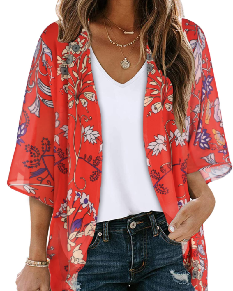 Bianca Kimono Kvinde Boheme – Let Blomstret Vest i Mousseline med 3/4-Ærmer