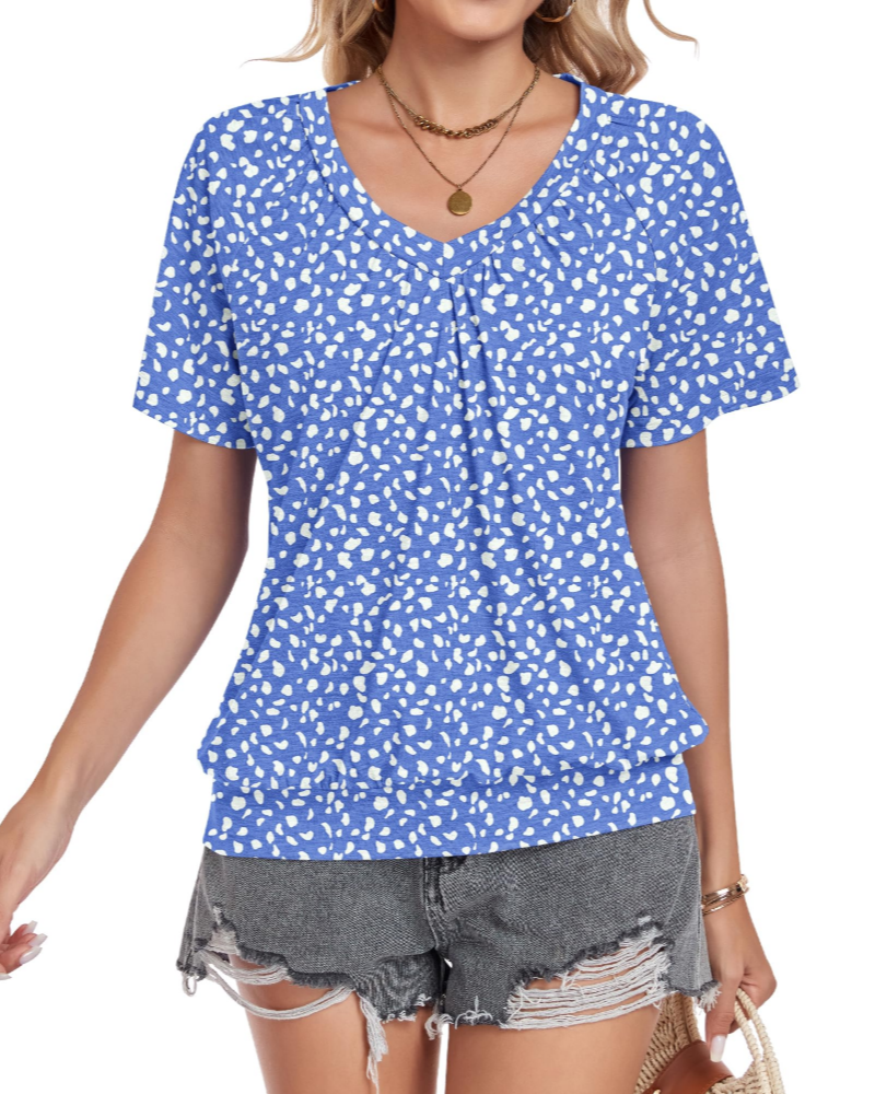 Mia Women's Summer T-Shirt – V-Neck, Bubble Hem, Loose Elegant Fit