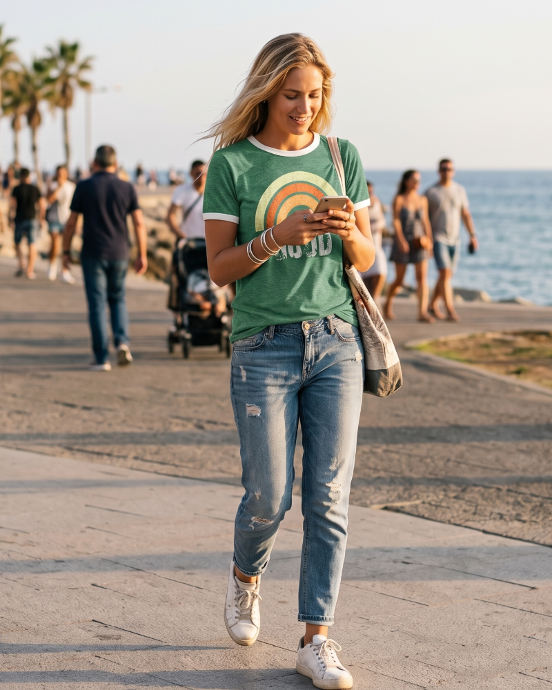 Lily T-Shirt Femme Imprimé Arc-en-Ciel – Haut Décontracté en Coton Mélangé d’Été