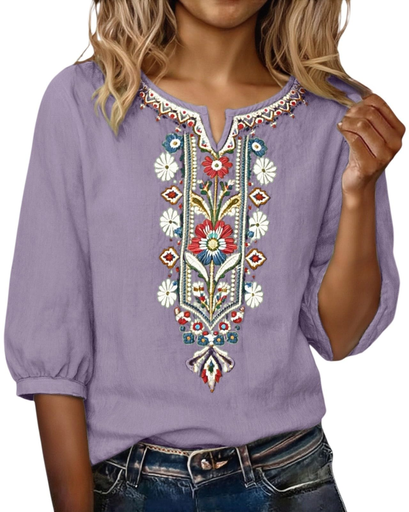 Blusa Sarah Mulher Verão – Linho Algodão Bordado Floral Decote em V