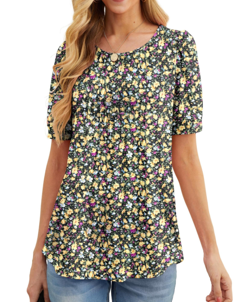 Lena T-Shirt Femme Été – Floral Col Rond Plissé Manches Courtes
