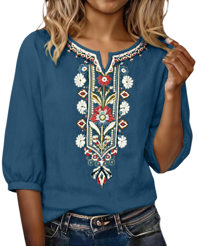 Blusa Sarah Mulher Verão – Linho Algodão Bordado Floral Decote em V